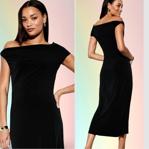 NWTS💓THE OCCASION M💓ELITE OLD NAVY LINE LUSTROUS BLACK ONE SHOULDER MIDI DRESS - Picture 3 of 14